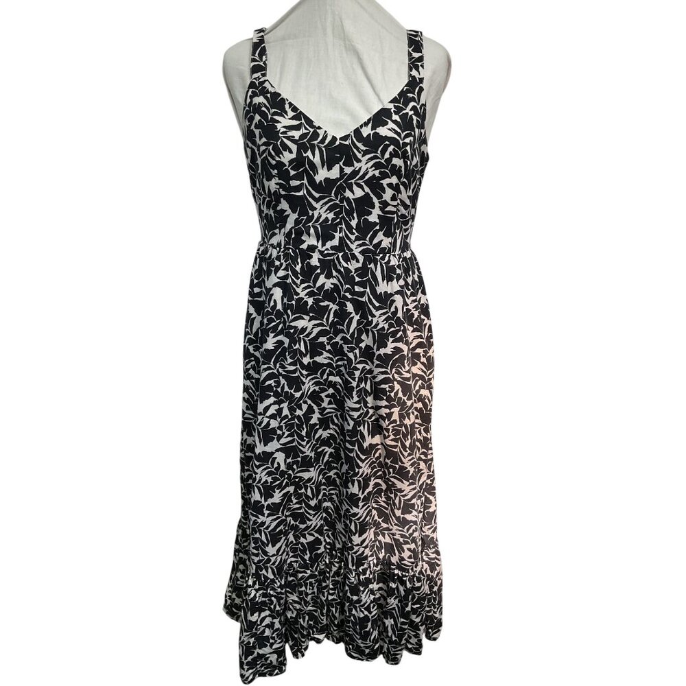J.Crew Black & White Linen Blend Sundress With V-Neckline & Ruffle Hem